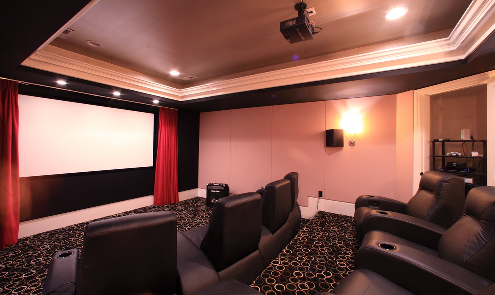 Large elegant enclosed carpeted home theater photo in Raleigh with beige walls and a wall-mounted tv