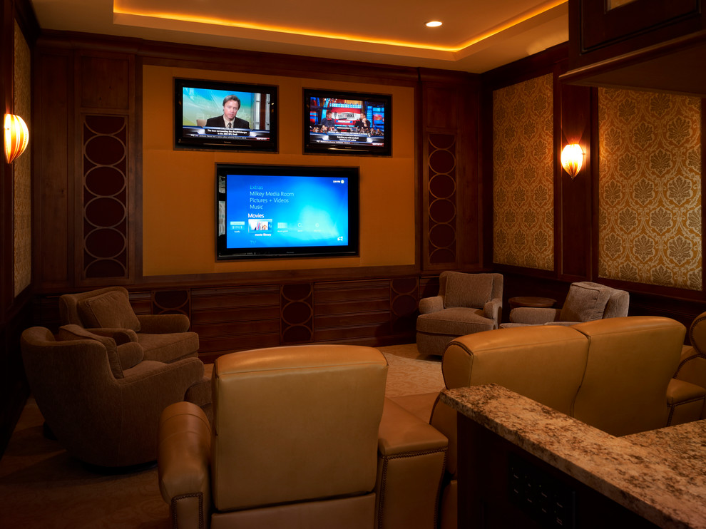Inspiration for a large contemporary enclosed carpeted and beige floor home theater remodel in Tampa with a wall-mounted tv