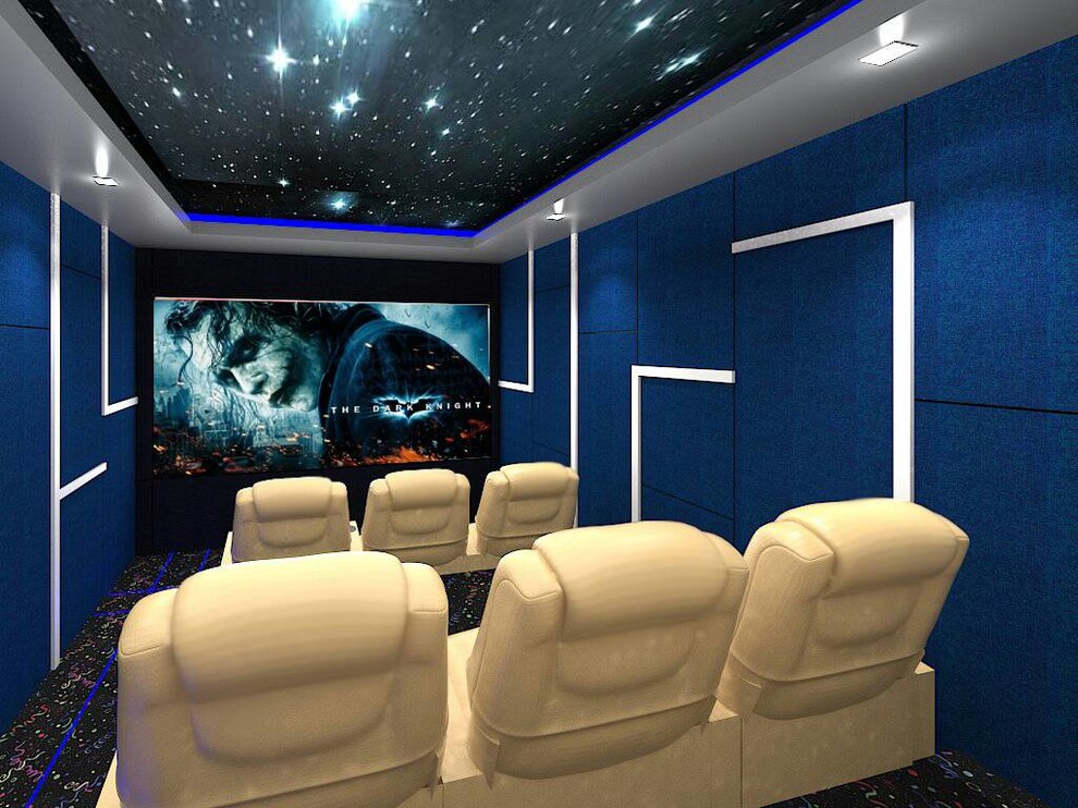 Идея дизайна: изолированный домашний кинотеатр среднего размера в стиле модернизм с синими стенами, ковровым покрытием, проектором и разноцветным полом
