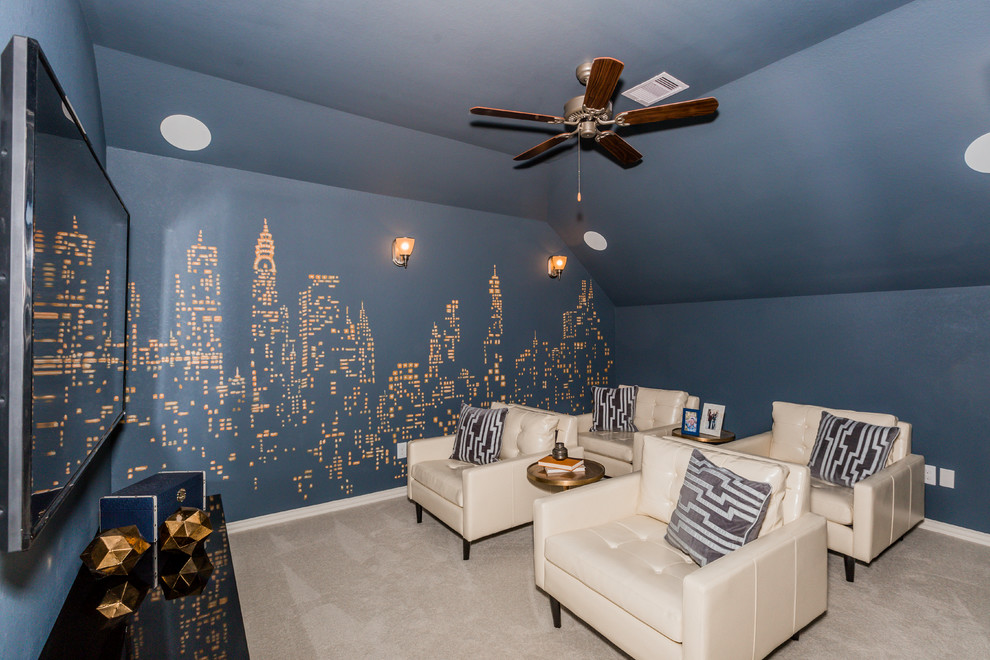 Example of a transitional enclosed carpeted and beige floor home theater design in Houston with blue walls and a wall-mounted tv