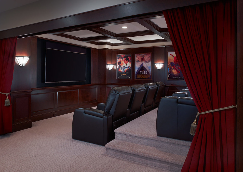 Inspiration for a transitional open concept carpeted and gray floor home theater remodel in Philadelphia with brown walls and a media wall
