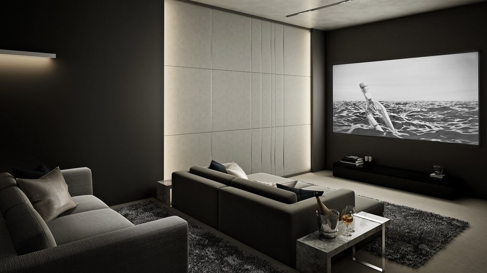 Exemple d'une salle de cinéma tendance de taille moyenne et fermée avec un mur noir, moquette, un écran de projection et un sol gris.