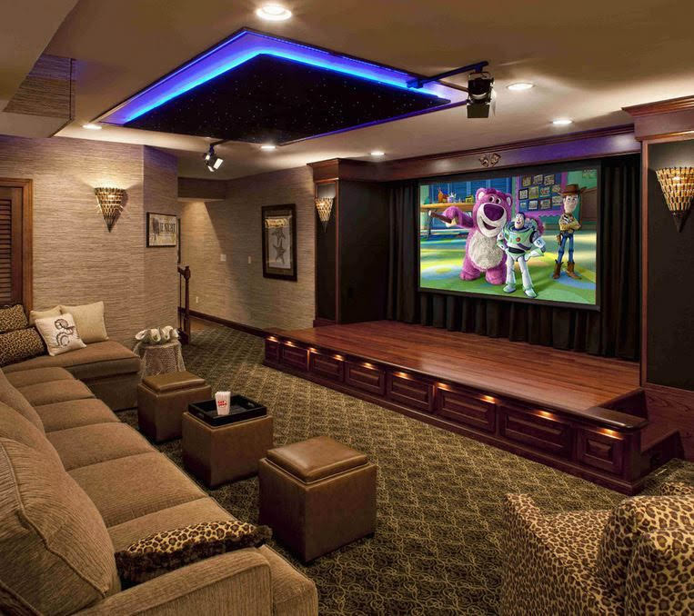 Home theater - mid-sized traditional enclosed carpeted and beige floor home theater idea in Seattle with beige walls and a projector screen