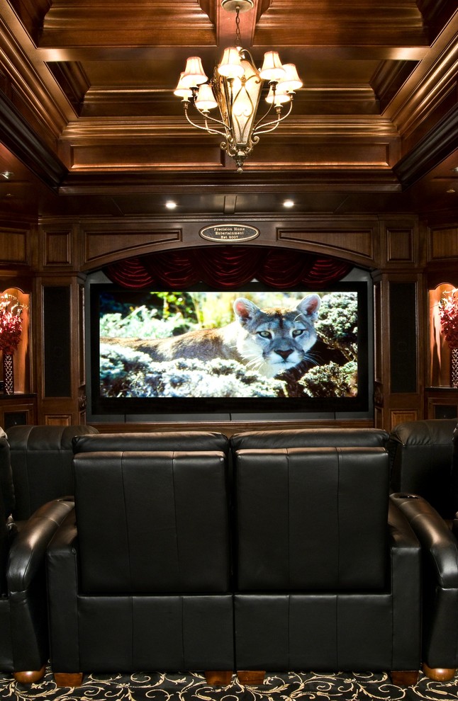 Design ideas for a medium sized classic enclosed home cinema in San Diego with brown walls and a projector screen.