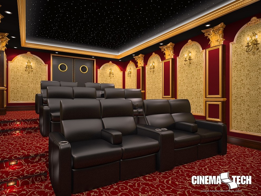 Пример оригинального дизайна: большой изолированный домашний кинотеатр в восточном стиле с разноцветными стенами и проектором