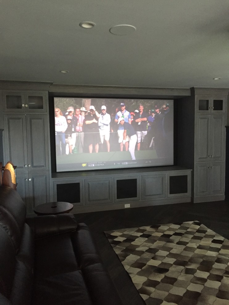 Home theater - large modern enclosed dark wood floor home theater idea in Philadelphia with beige walls and a projector screen