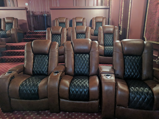 Exemple d'une grande salle de cinéma victorienne fermée avec un mur marron, moquette, un écran de projection et un sol rouge.