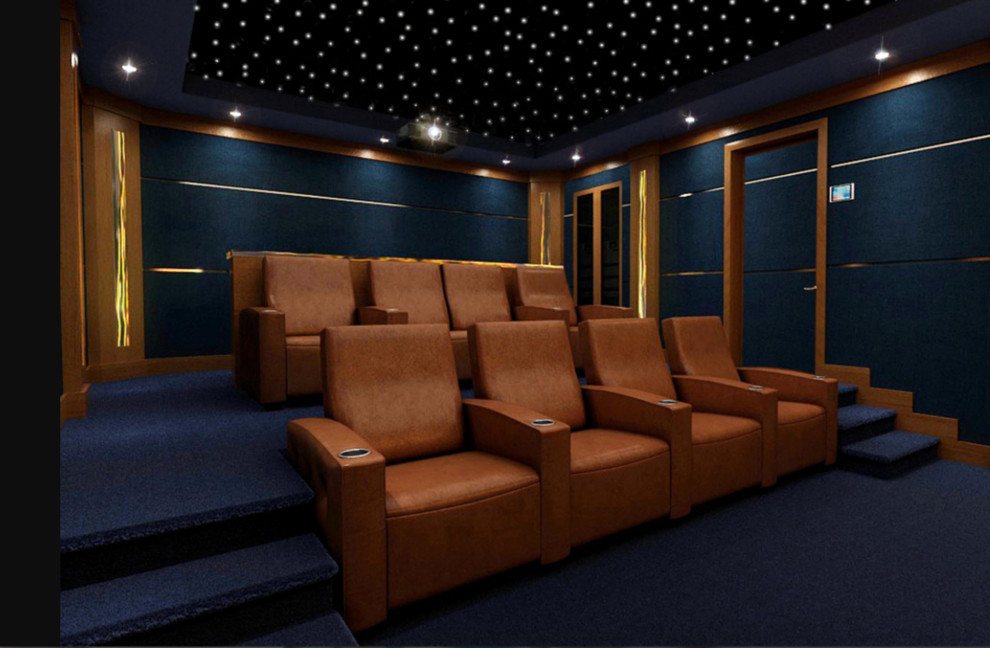 Foto di un grande home theatre minimal chiuso con pareti blu, moquette, schermo di proiezione e pavimento blu