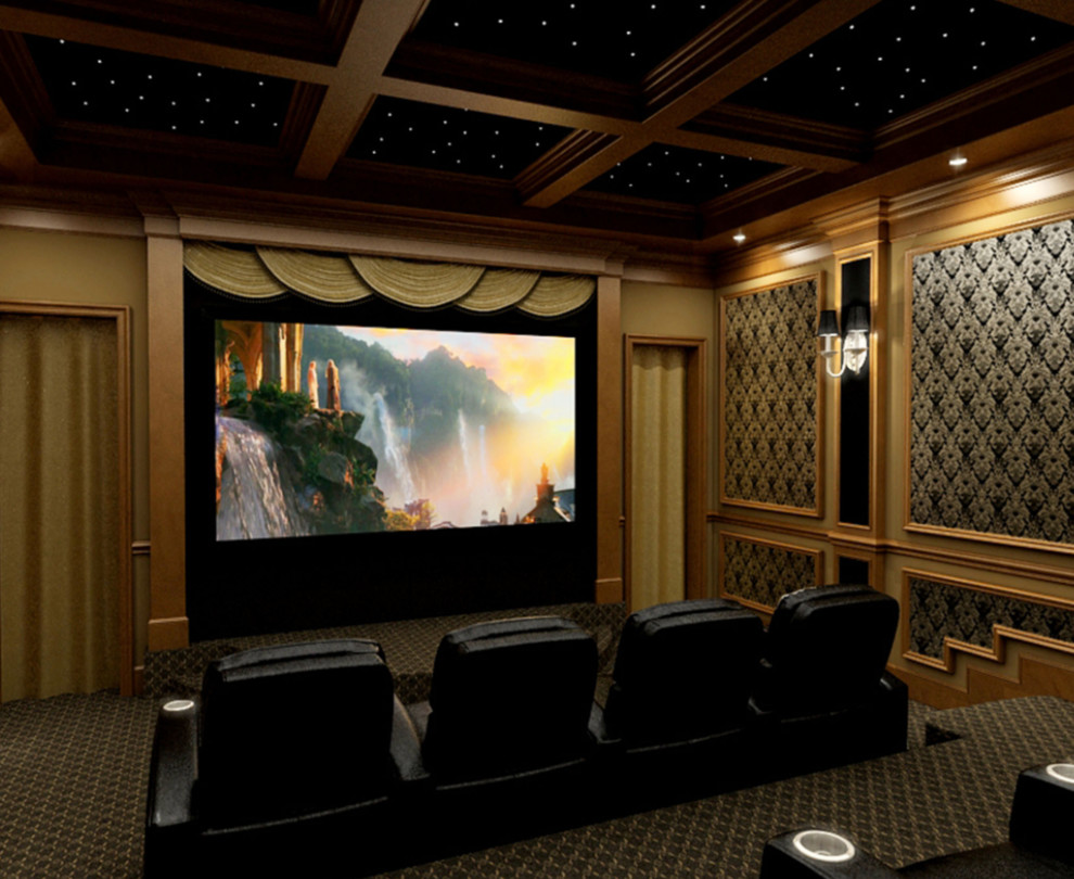 Пример оригинального дизайна: изолированный домашний кинотеатр среднего размера в классическом стиле с бежевыми стенами, ковровым покрытием, проектором и бежевым полом