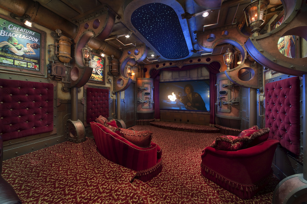 Idée de décoration pour une grande salle de cinéma urbaine fermée avec moquette, un écran de projection et un sol multicolore.