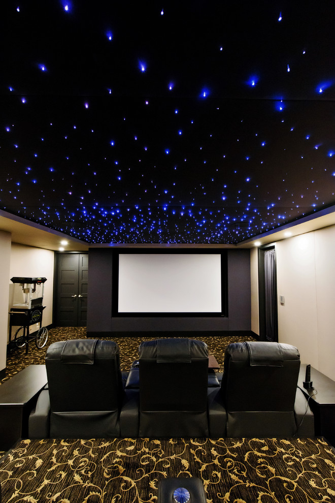 На фото: изолированный домашний кинотеатр среднего размера в современном стиле с коричневыми стенами, ковровым покрытием и проектором с