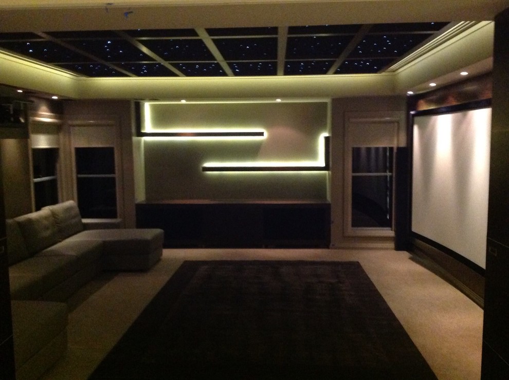 Источник вдохновения для домашнего уюта: домашний кинотеатр в современном стиле с проектором, коричневыми стенами и ковровым покрытием