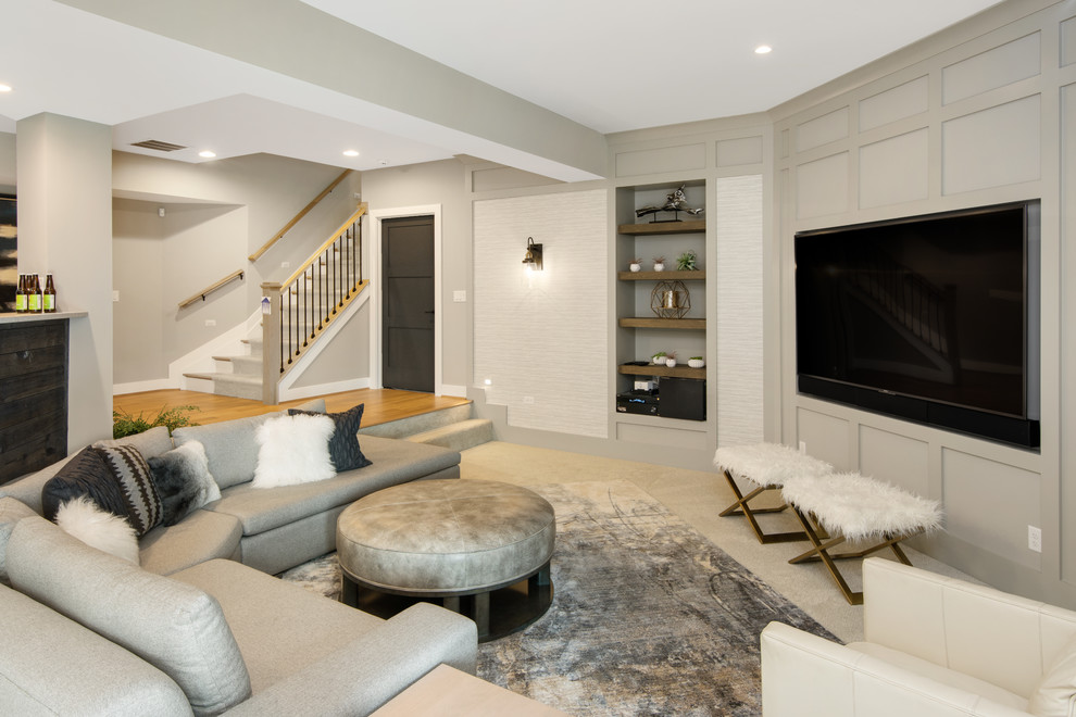 Design ideas for a large classic open plan home cinema in Cincinnati with grey walls, carpet, a built-in media unit and beige floors.