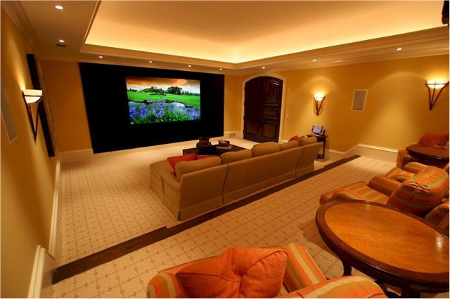Inspiration for a contemporary home theater remodel