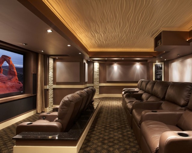 Inspiration for a large classic enclosed home cinema in New York with brown walls, carpet and a projector screen.