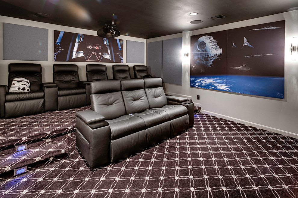 Medium sized contemporary enclosed home cinema in Baltimore with grey walls, carpet and a projector screen.