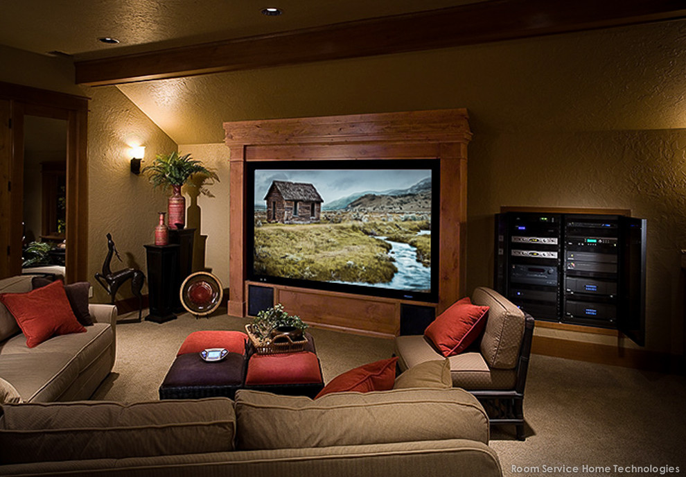 Trendy home theater photo in Portland