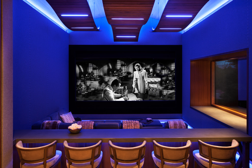 Cette image montre une très grande salle de cinéma design fermée avec un mur bleu, moquette, un écran de projection et un sol multicolore.