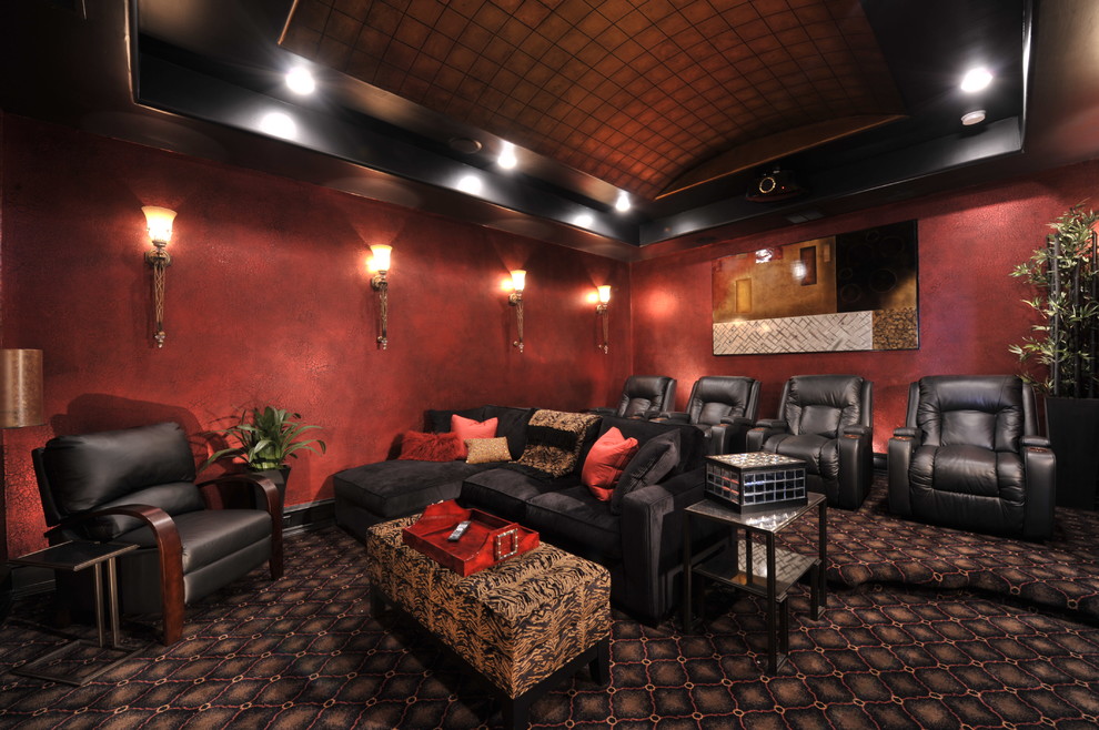 Home theater - transitional enclosed carpeted home theater idea in Houston with red walls and a projector screen