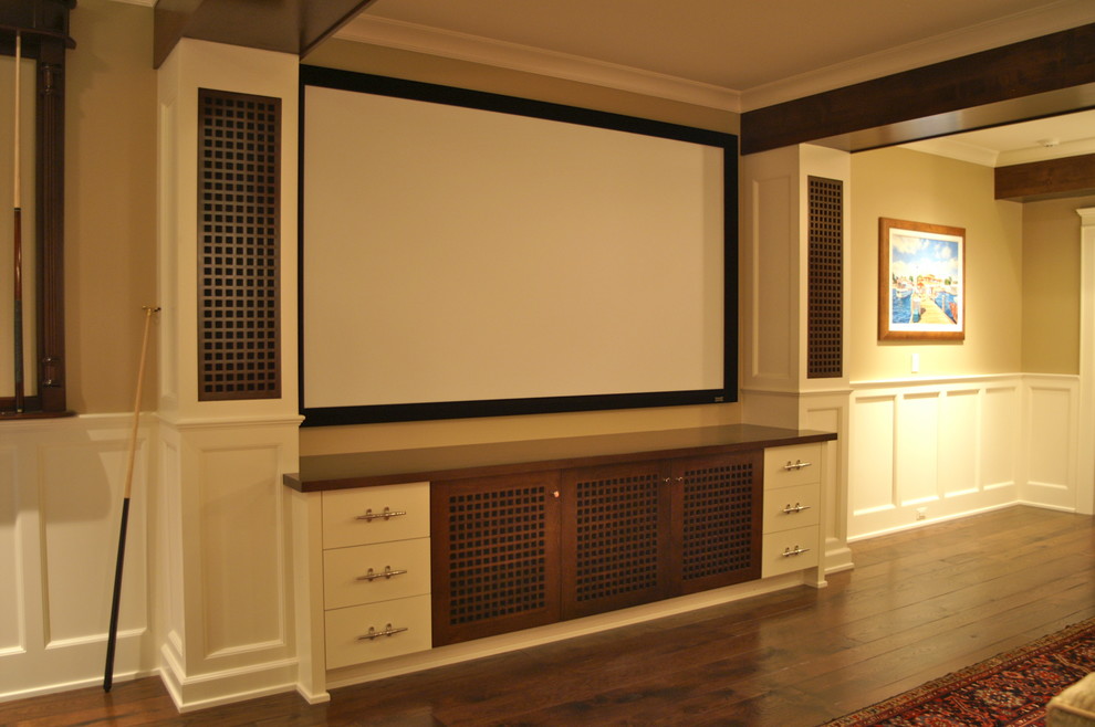 Foto di un home theatre classico con pareti beige e parquet scuro