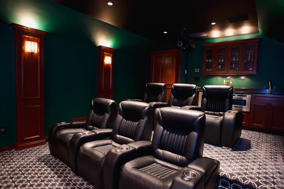 Small transitional enclosed carpeted home theater photo in Charlotte with multicolored walls and a projector screen