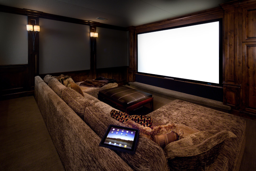 Inspiration for a contemporary home theater remodel in Portland