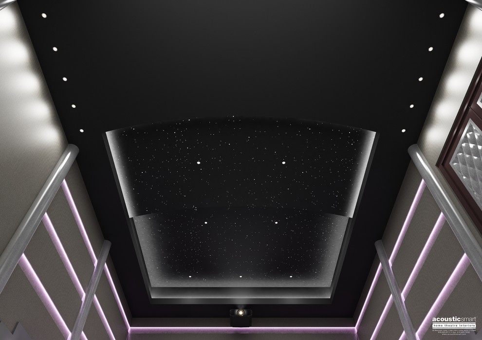 Inspiration pour une grande salle de cinéma minimaliste fermée avec un mur gris, moquette, un écran de projection et un sol gris.