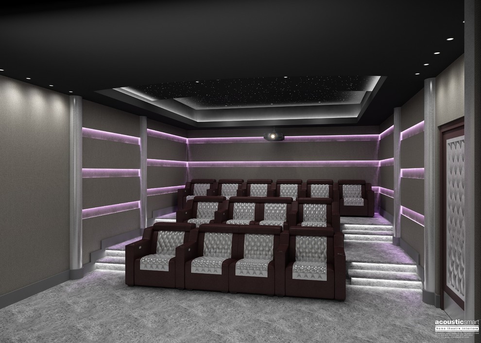 Идея дизайна: большой изолированный домашний кинотеатр в стиле модернизм с серыми стенами, ковровым покрытием, проектором и серым полом