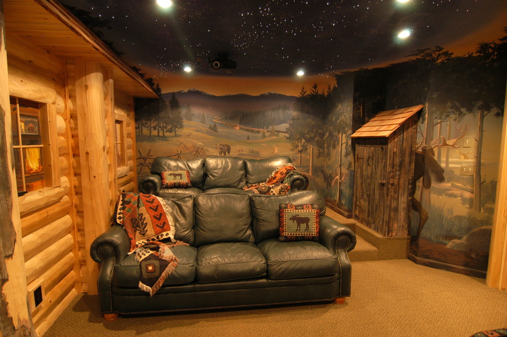 This is an example of a large traditional enclosed home cinema in Detroit with carpet, a projector screen and multi-coloured walls.
