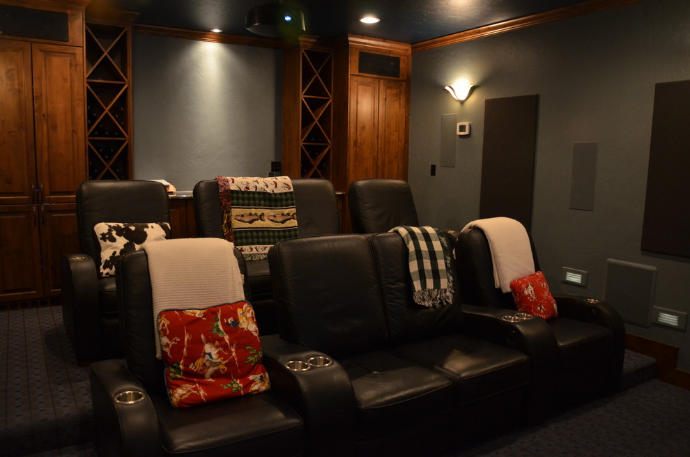 Example of a mid-sized classic enclosed carpeted and gray floor home theater design in Denver with gray walls and a projector screen