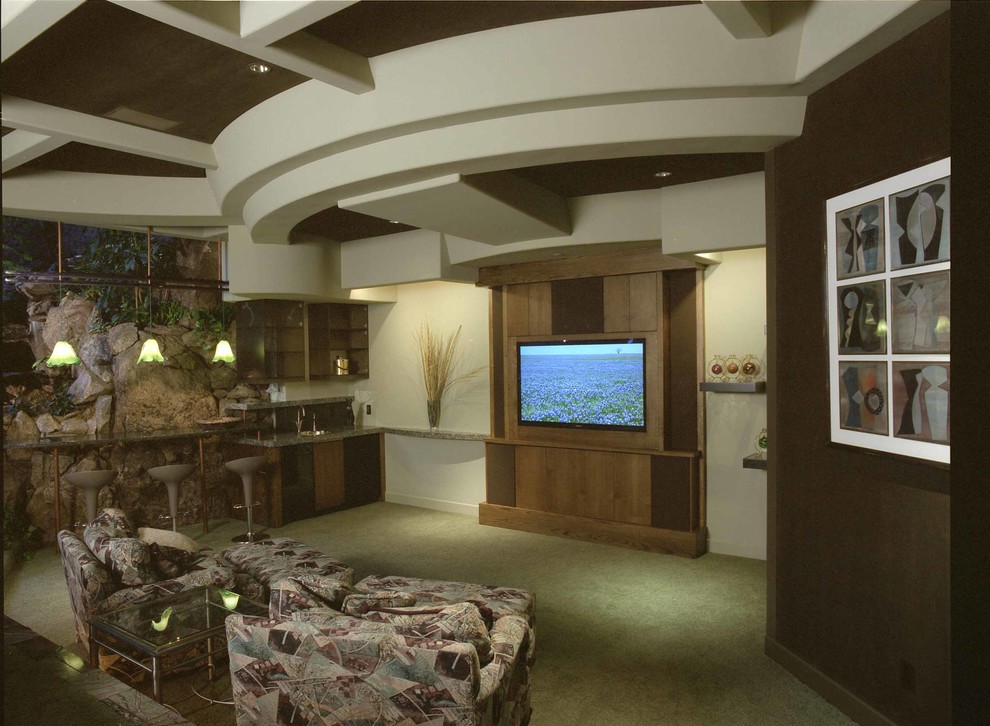Exemple d'une salle de cinéma tendance de taille moyenne et ouverte avec un mur blanc, moquette et un téléviseur encastré.