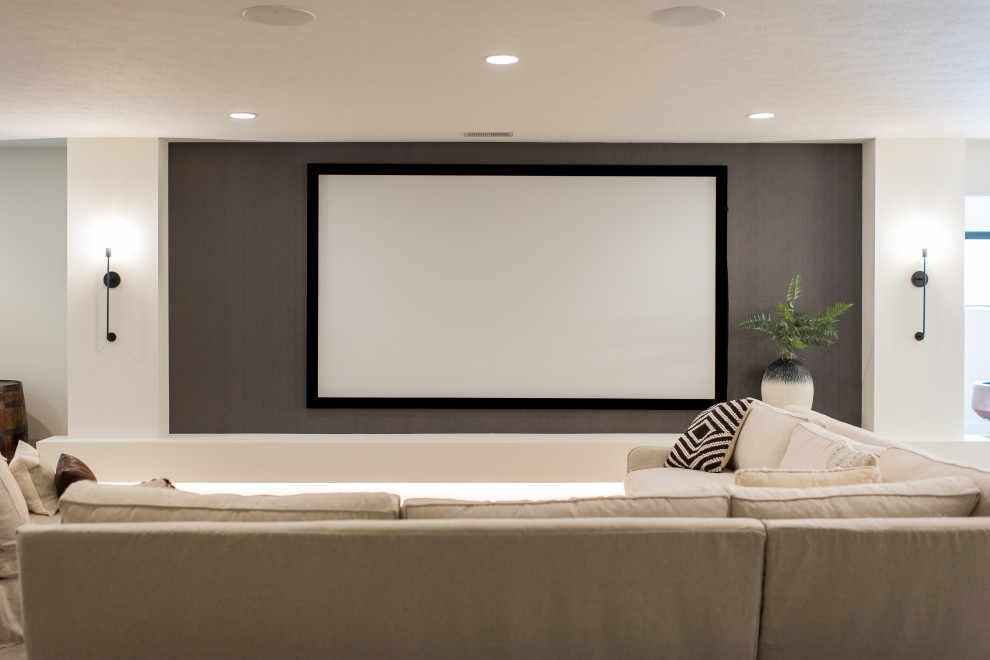Cette image montre une salle de cinéma minimaliste de taille moyenne et fermée avec un mur bleu, un sol en bois brun et un téléviseur fixé au mur.