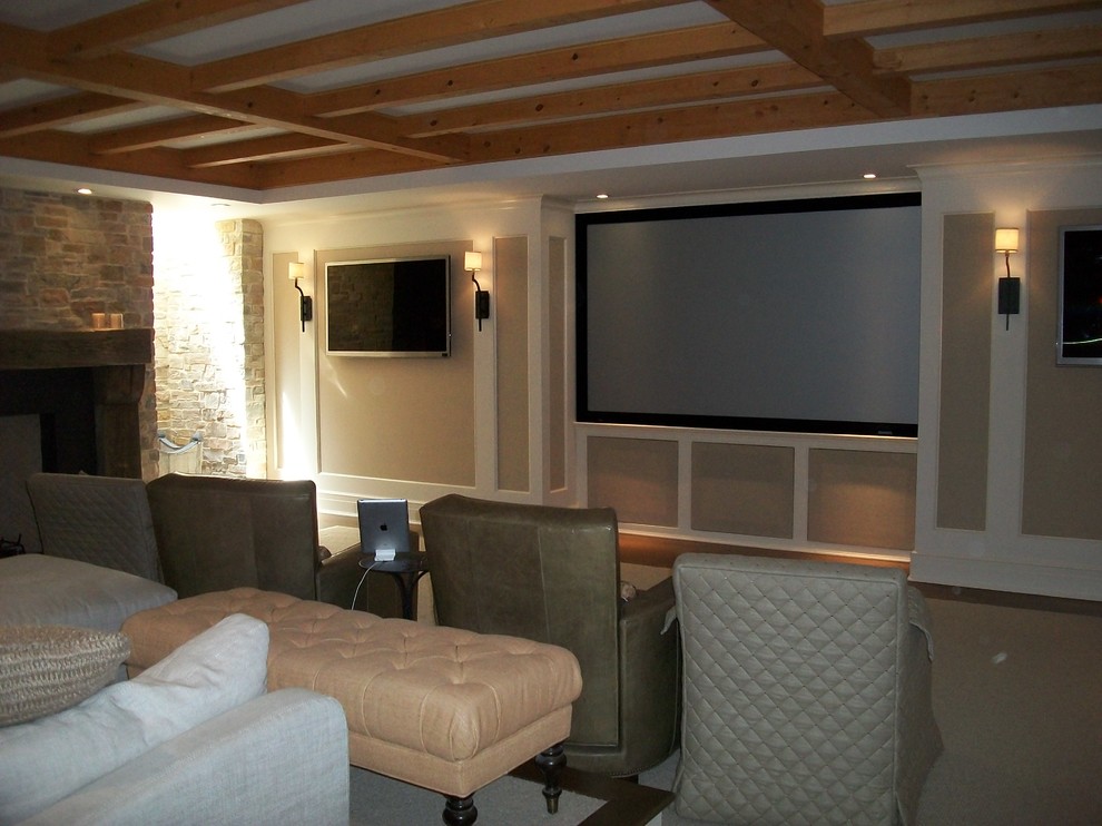 Design ideas for a medium sized traditional enclosed home cinema in New York with brown walls, carpet, a projector screen and brown floors.