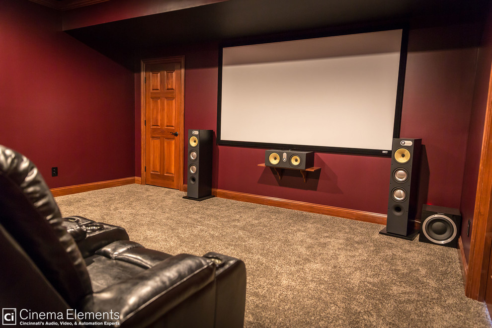 Inspiration for a timeless home theater remodel in Cincinnati with a projector screen