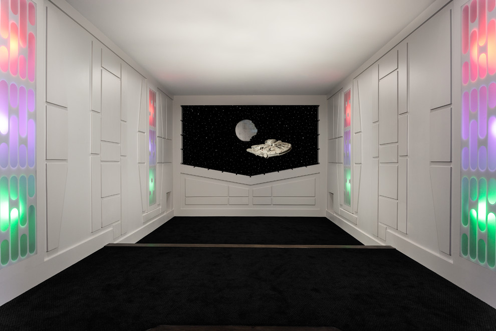 Design ideas for a medium sized industrial enclosed home cinema in Atlanta with grey walls, carpet and a projector screen.