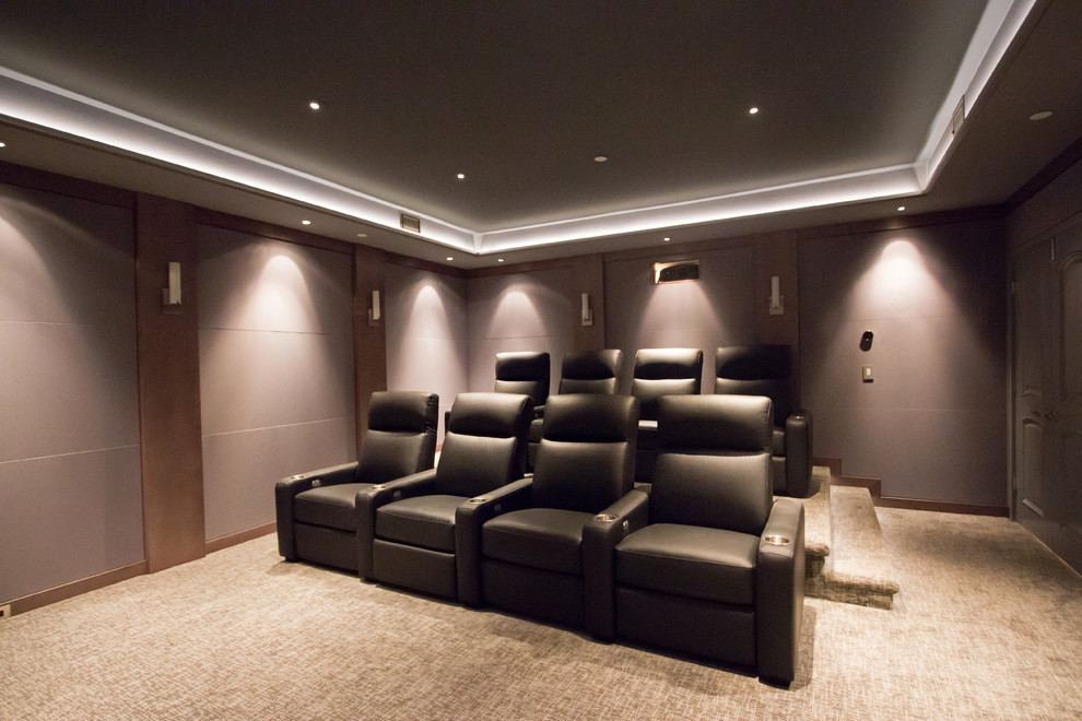 Réalisation d'une salle de cinéma minimaliste de taille moyenne et fermée avec un mur gris, moquette et un écran de projection.