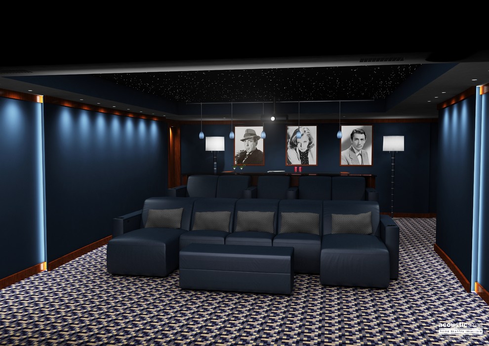 Cette image montre une grande salle de cinéma minimaliste fermée avec un mur bleu, moquette, un sol multicolore et un écran de projection.