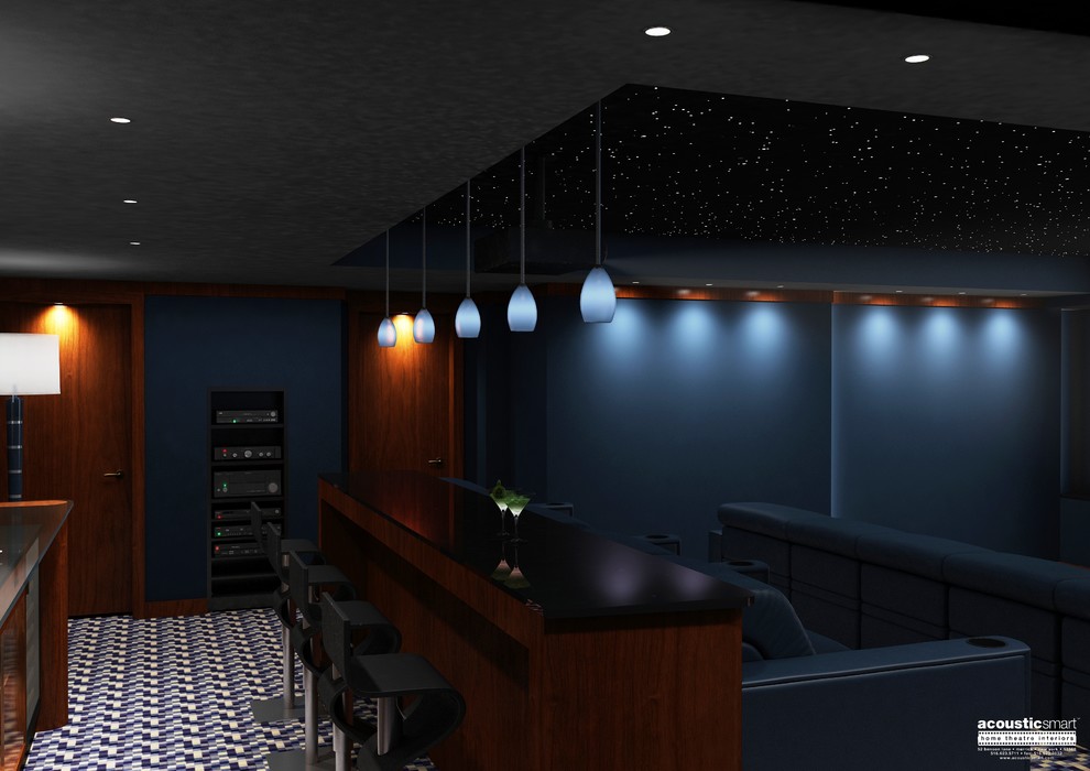 Modelo de cine en casa cerrado minimalista grande con paredes azules, moqueta, pantalla de proyección y suelo multicolor