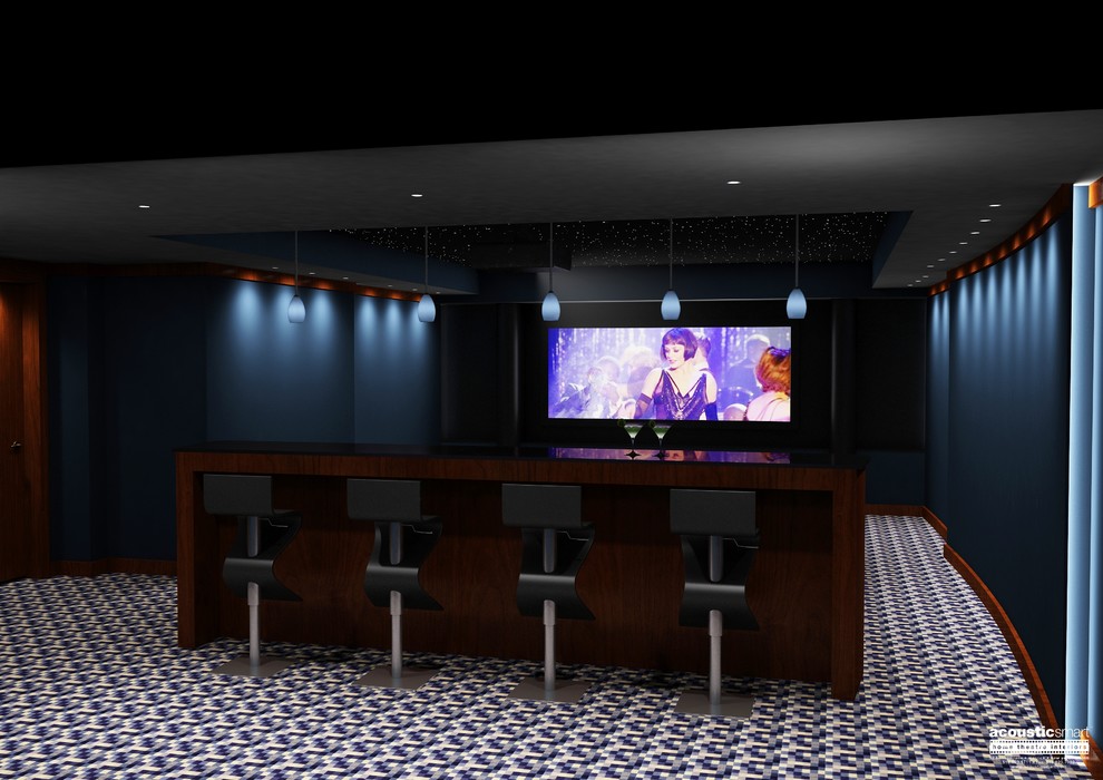 Foto de cine en casa cerrado moderno grande con paredes azules, moqueta, pantalla de proyección y suelo multicolor