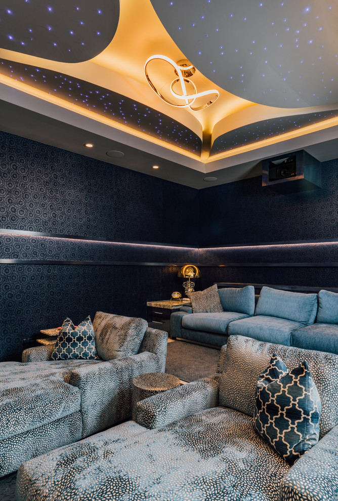 Contemporary enclosed home cinema in Other with black walls.