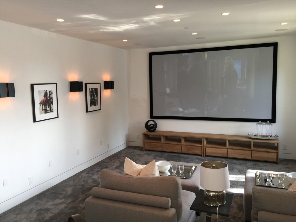 Inspiration pour une salle de cinéma minimaliste de taille moyenne et fermée avec un mur blanc, moquette, un sol gris et un écran de projection.