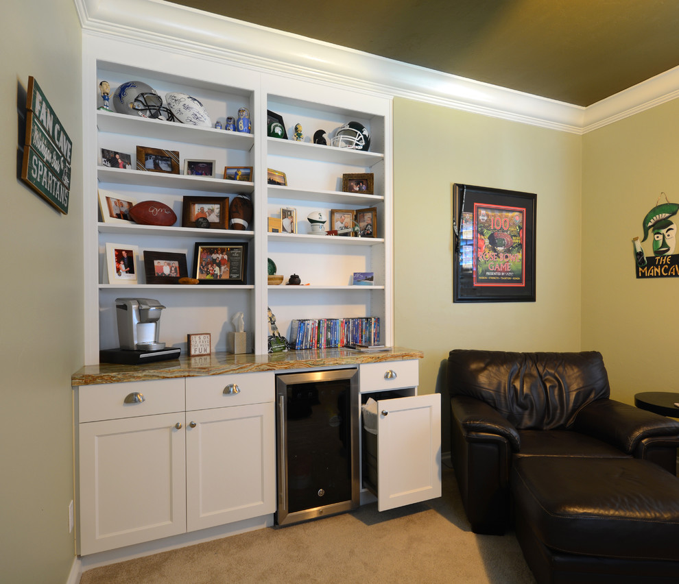 Home theater - small traditional enclosed carpeted home theater idea in Miami with green walls