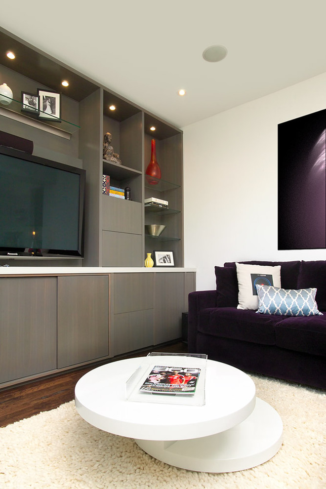 Inspiration for a mid-sized modern open concept dark wood floor home theater remodel in Toronto with white walls
