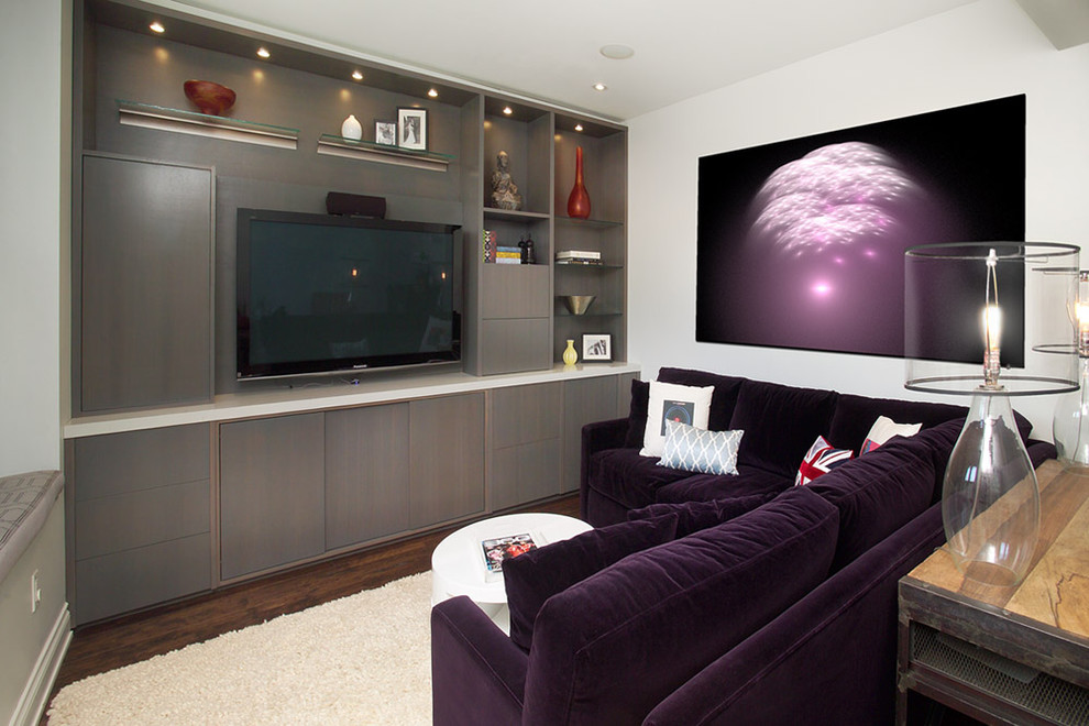 Mid-sized minimalist open concept dark wood floor home theater photo in Toronto with white walls