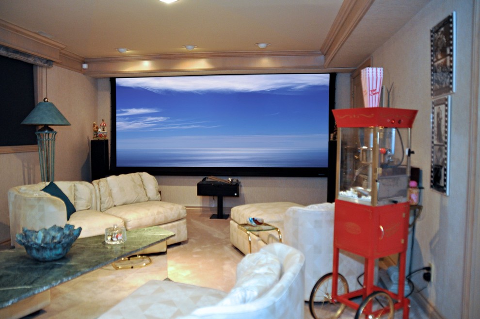Inspiration for a medium sized classic enclosed home cinema in Toronto with brown walls, carpet, a projector screen and brown floors.