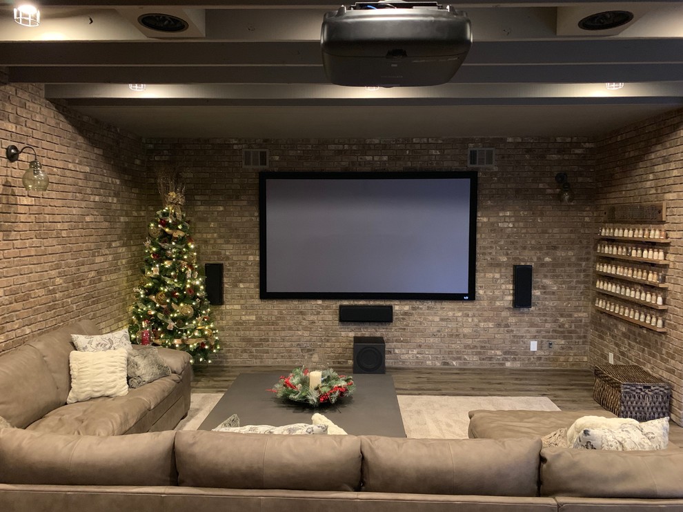 Urban open concept home theater photo in Atlanta with a projector screen