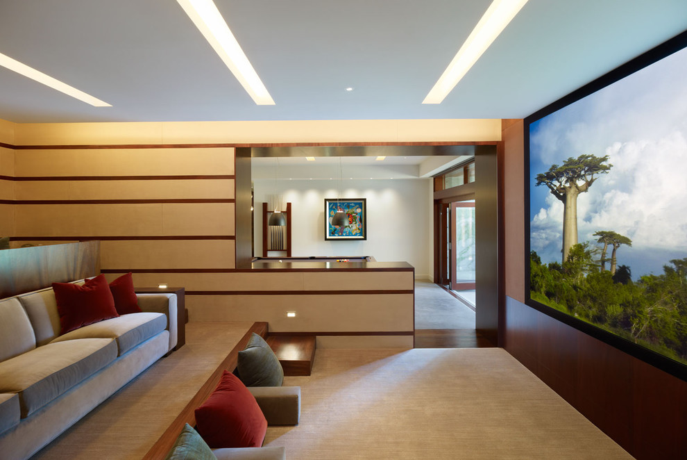 Example of a trendy enclosed home theater design in Los Angeles with a projector screen