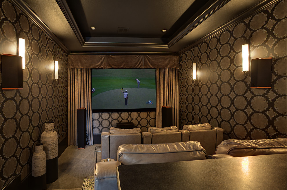 Mediterranean home cinema in Dallas with carpet and a projector screen.