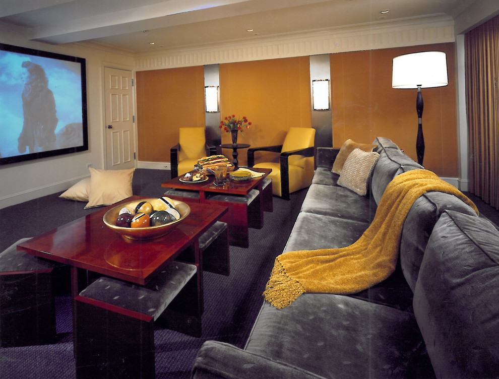Design ideas for a contemporary home cinema in Chicago with carpet and purple floors.