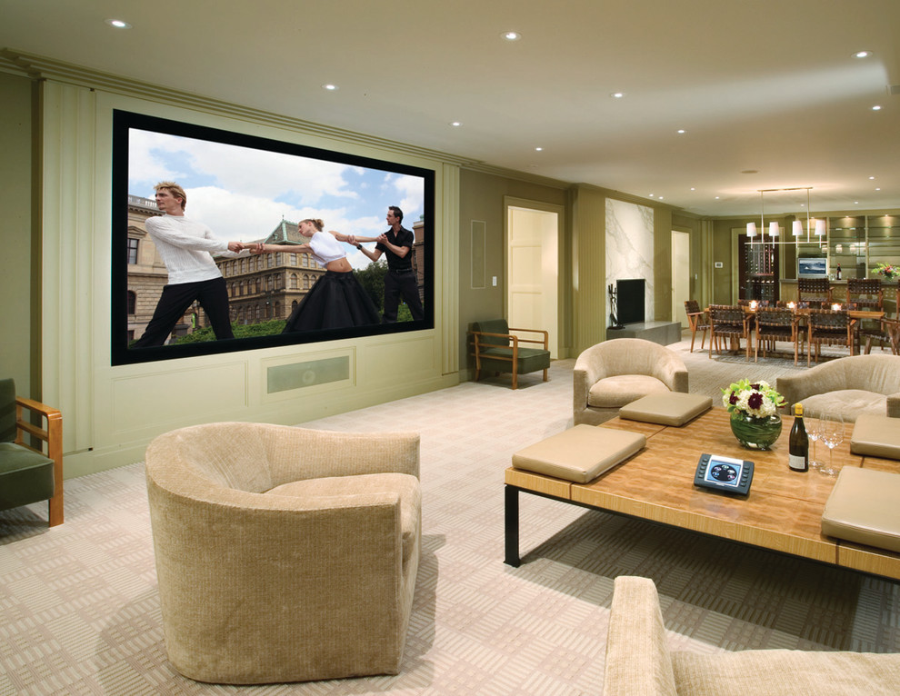 Inspiration for a transitional home theater remodel in New York with a projector screen